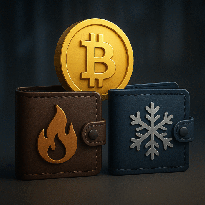 Hot and cold cryptocurrency wallets displayed with abstract digital security network in background.