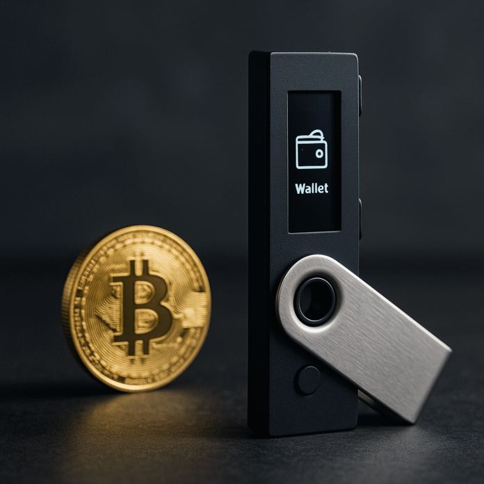 Hardware crypto wallet and Bitcoin coin on a dark surface representing secure digital asset storage.