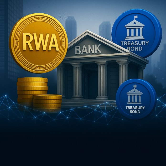 Real-World Asset (RWA) tokens with bank and treasury visuals symbolizing institutional blockchain adoption