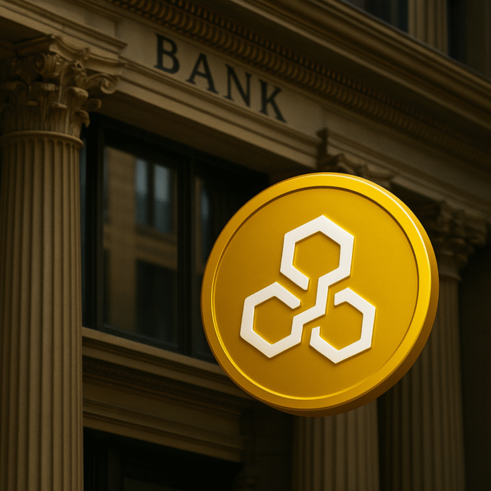 Tokenized treasury asset coin in front of a traditional bank building