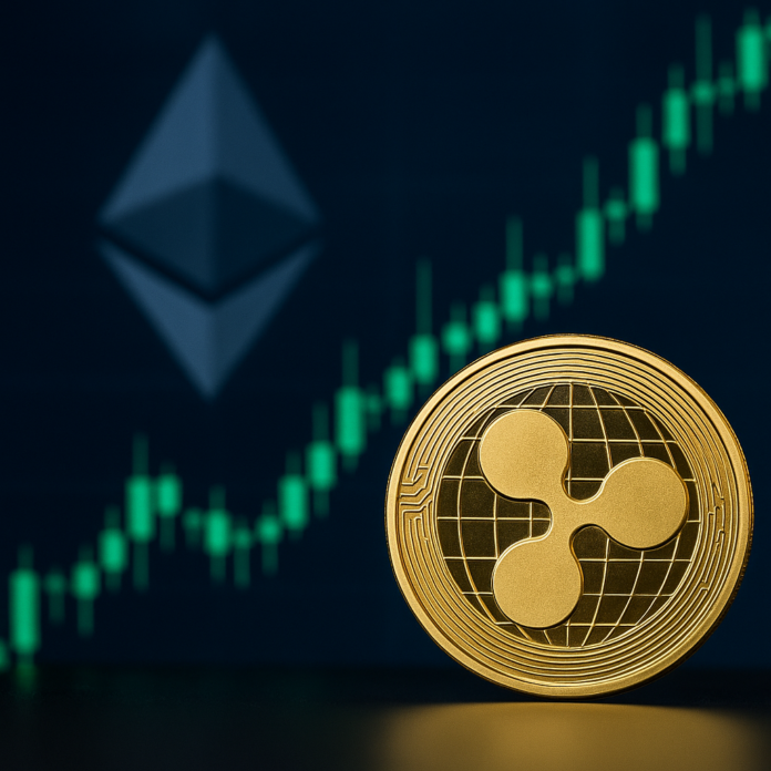 Gold Ripple coin in front of Ethereum symbol and rising crypto market chart.
