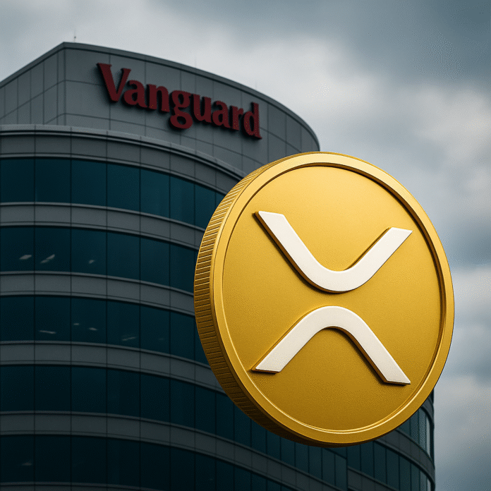 Vanguard office building with XRP coin representing the addition of XRP ETFs