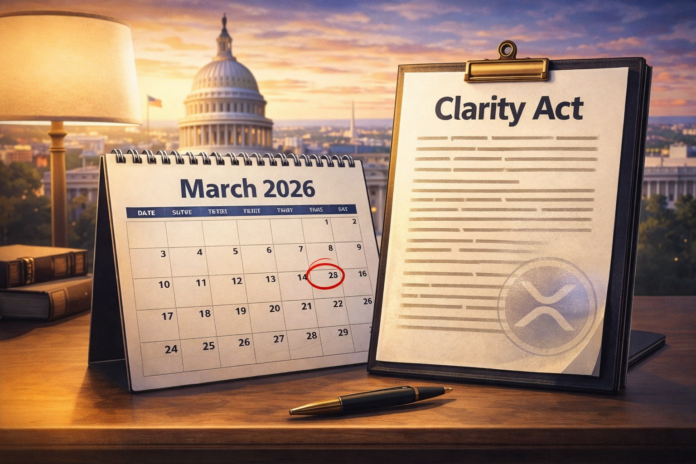 Could the Clarity Act pass before March 2026 illustration featuring XRP, Bitcoin and Ethereum in front of the U.S. Capitol.