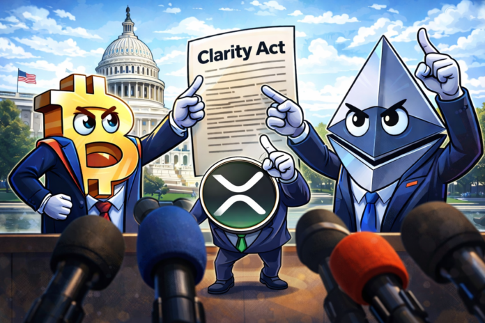 Cartoon illustration of XRP standing in front of the U.S. Capitol with Bitcoin and Ethereum during a crypto regulation debate.
