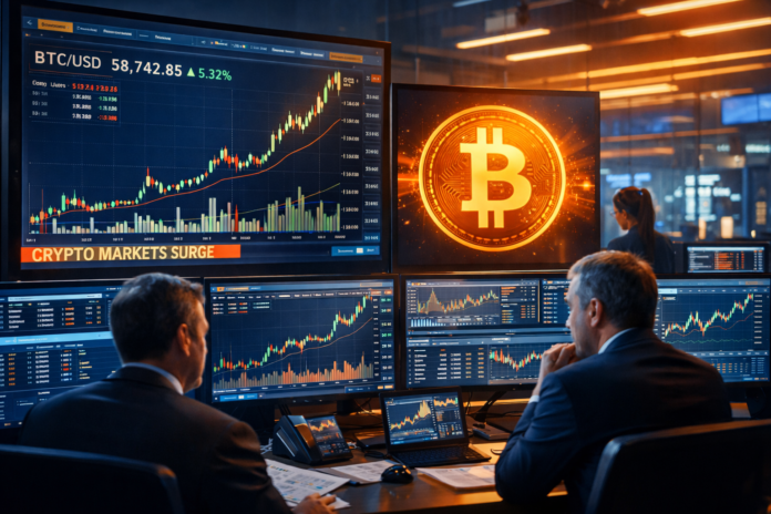 Bitcoin trading screens with institutional investors monitoring crypto market charts