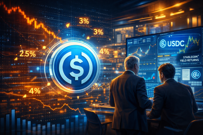 USDC stablecoin with yield indicators and falling market chart representing changes in stablecoin reward strategies.