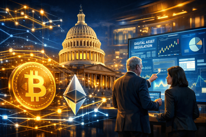 U.S. Capitol building with digital blockchain networks and cryptocurrency symbols representing the proposed Crypto Clarity Act.