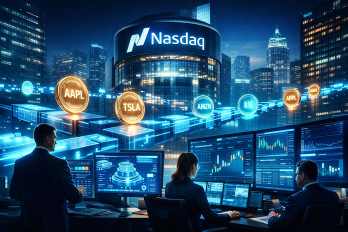 Nasdaq tokenization concept showing digital stock tokens on blockchain rails while institutional traders monitor tokenized equity markets.