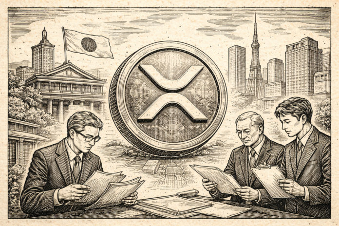 Vintage newspaper illustration of XRP and Japan financial regulation