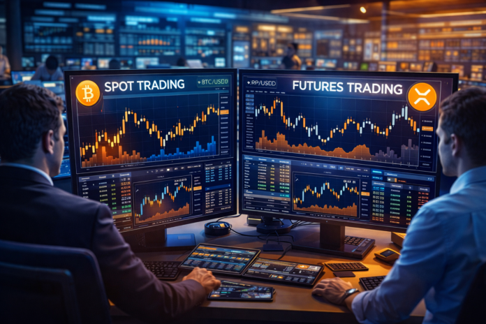 Cryptocurrency trading charts comparing spot trading and futures trading.