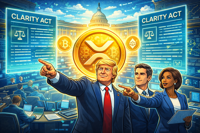 Cartoon illustration of U.S. lawmakers advancing the Crypto Clarity Act
